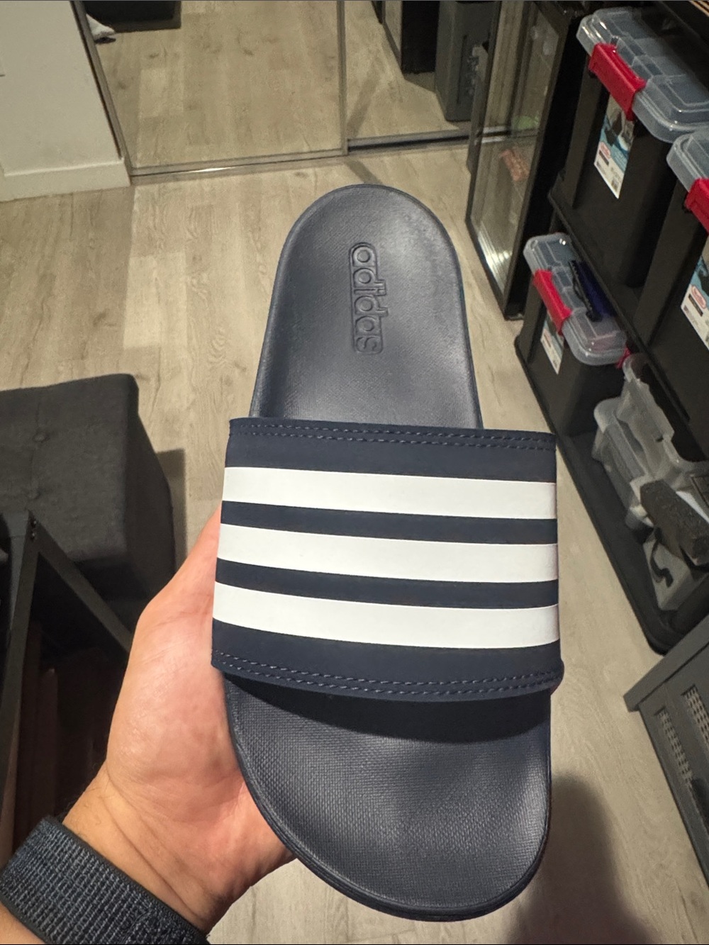 adidas Navy and White Slide Sandals with Three Stripes